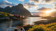 Village called A in Lofoten islands, Norway. Ai Generative