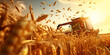 wheat field at sunset, Combine harvester working in the field, A Combine Harvester at Sunset, Generative AI
