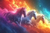 Full shot, unicorn on rainbow sky background. Generative AI.