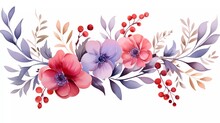 Illustration Red And Purple Flowers, Leaves Clip Art Watercolor Flowers. Generative Ai