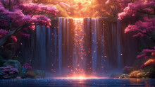 A Dynamic Waterfall Scene With Iridescent Hues And Mist.