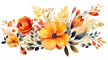 Illustration Red And Yellow Flowers, Leaves Clip Art Watercolor Flowers. Generative Ai