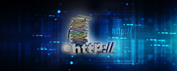Poster - 3d rendering students education book with http near lens