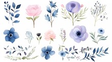 Illustration Pink And Blue Flowers, Leaves Watercolor Flower Clip Art. Generative Ai