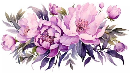 Watercolor illustration of purple flowers, flower clip art. Bouquet of peonies. generative ai