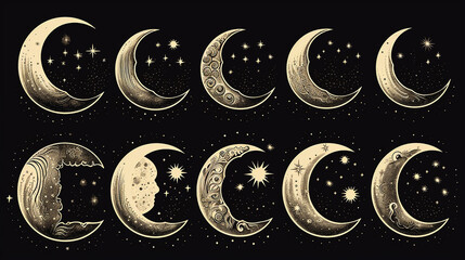 Wall Mural - illustration set of moon phases different style