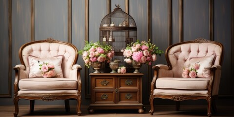 Poster - Antique furniture with floral arrangement and bird cages.