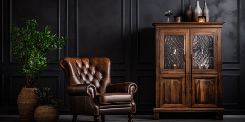 Poster - Opulent cozy lounge with vintage armchair, modern interior, and decorative wooden cupboard.