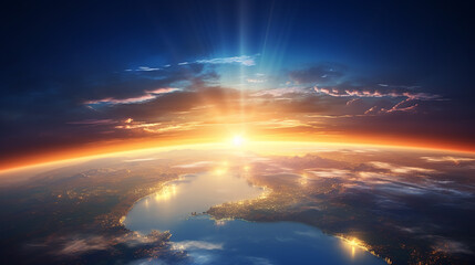 Wall Mural - sunrise over the planet earth concept with a bright sun and flare and city lights panoramic