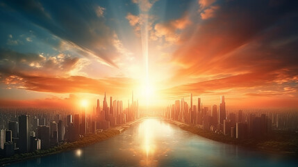 Wall Mural - amazing sunrise over the planet earth concept with a bright sun and flare and city lights panoramic