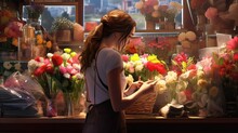 A Florist Girl Collects A Beautiful Bouquet Against A Background Of Various Flowers.