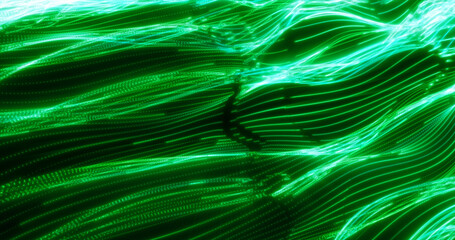 Poster - Energy abstract green lines from dots and waves from magic and electricity background