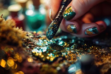 A person is painting a nail with gold and green glitter. Generative AI.