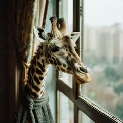 A giraffe looking out a window. Generative AI.
