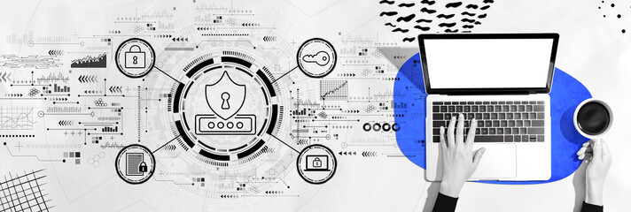 Poster - Cyber security theme with person using a laptop computer
