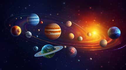 Wall Mural - colorful solar system with nine planets and satellite