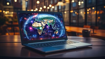 Poster - Workplace, laptop for business meeting and data analytics and graphs maps and charts in a large modern digital company
