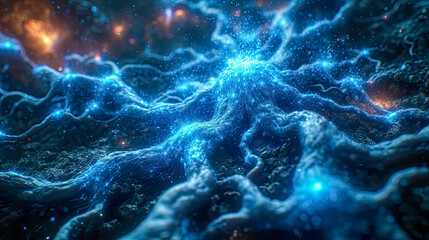 Poster - Blue energy roots imbued with energy, abstract background illustration of a tree in the dark