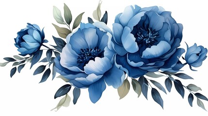 watercolor illustration of dark blue flowers, flower clip art. bouquet of peonies. generative ai