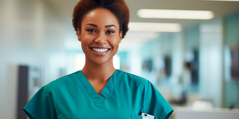 Portrait of a beautiful dark-skinned smiling female doctor in a hospital