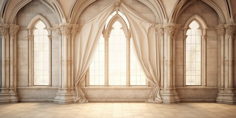 Poster - stone castle tiles with arches and curtains in medieval style.