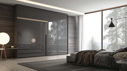 Wall Mural - Grey wardrobe with glossy sliding doors in minimalist style interior design of modern bedroom