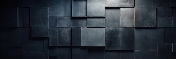 Wall Mural - abstract 3d squares black background,   a black wall of tiles illuminated by sunlight in a hallway, 