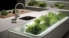 Smart kitchen countertops with built in herb gardens solid color background