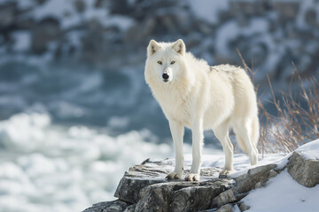  A majestic Arctic Wolf with piercing blue eyes, standing on a rocky cliff overlooking a frozen lake