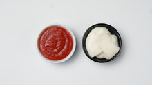 Three Sauces Ketchup Mayonnaise, Sweet Soy Sauce And Chili Sauce In Black Bowl Isolated On White Background
