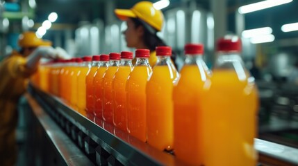 Manufacturer checking product bottles fruit juice on the conveyor belt in the beverage factory. worker checks product bottles in beverage factory. Inspection quality control