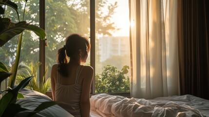 Simple lifestyle, Asian woman wakes up from good sleep on weekend morning, takes some rest, relax in comfortable bedroom at hotel window, happy lazy day, comfortable, dreaming