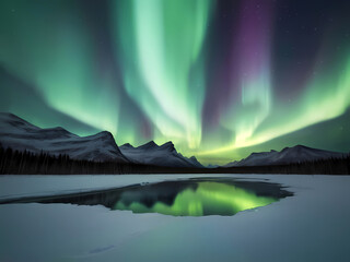 Beautiful Sky with Aurora and Stars - Green Northern Lights Background with Ample Copy Space.