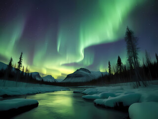 Beautiful Sky with Aurora and Stars - Green Northern Lights Background with Ample Copy Space.