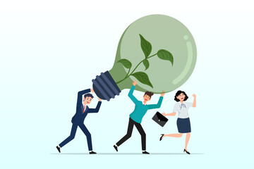 People employees carry ESG, sustainable lightbulb, sustainability, ESG, eco environment friendly or clean energy solution, green renewable power, reuse or recycle ecosystem, green corporate (Vector)