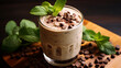 frozen mint chocolate coffee blended iced coffee with chocochips on wooden table