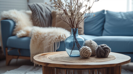 Wall Mural - Glass vase with twig on round wooden coffee table near cozy blue sofa with fur blanket and knitted pillows. Scandinavian hygge home interior design of modern living room