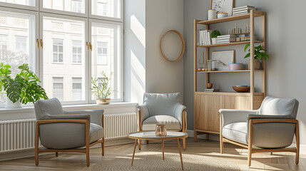 Wall Mural - Lounge chairs against window near wall with wooden shelving units and cabinet. Scandinavian interior design of modern living room