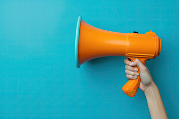 Wall Mural - Megaphone in woman hands on a white background. Copy space.
