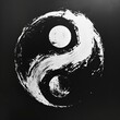 Roughly hand painted white and black yin and yang symbol with visible brush strokes on solid black background