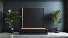 A Sumptuous Ambiance Created By An Empty Room With A Captivating Black Frame, Adorned With Two Meticulously Placed Potted Plants. Perfect For Logo Mockups Or Displaying Your High-end Products.