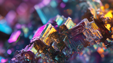 Wall Mural - Macro crystal bismuth gemstone rock formation, colorful lighting, background image, room for copy space