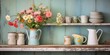 Old kitchen items on weathered wooden shelf, wildflower bouquet in faience pitcher, shabby chic aesthetic