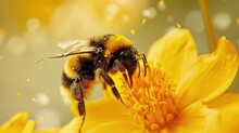 A Close-up Of A Bee Sitting On Top Of A Yellow Flower Covered In Pollen, Ai Generated