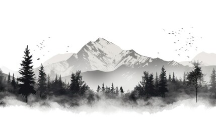 A Black and white mountain range, landscape, tree symbols, stencil vector illustration.