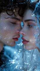 Wall Mural - A man and a woman kissing in the snow