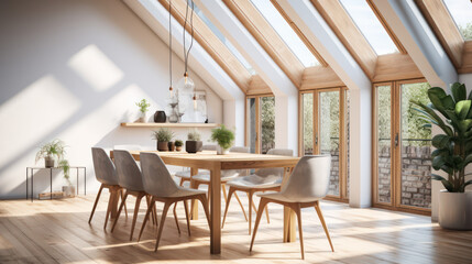 Wall Mural - A Minimalist interior design of a modern Dining table and chairs in a clear loft with wooden beams in the dining room, a room with morning sunlight streaming through the window.