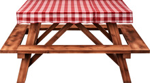 Wooden Picnic Table With Benches And Red Plaid Tablecloth, Isolated On Transparent Background. PNG