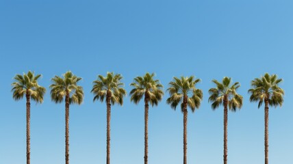 Wall Mural - A symmetrical shot of a row of identical palm trees against a clear blue sky. -Generative Ai