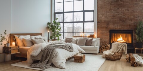 Wall Mural - Retro-style living room with vintage charm, featuring a cozy fireplace, unique bed, and large windows.